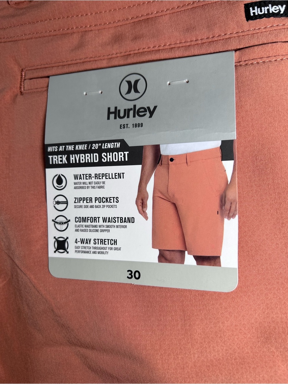 NWT Hurley Men's Trek Hybrid Shorts Sz 30 Orange Salmon Water Repellent Stretch - Picture 8 of 11